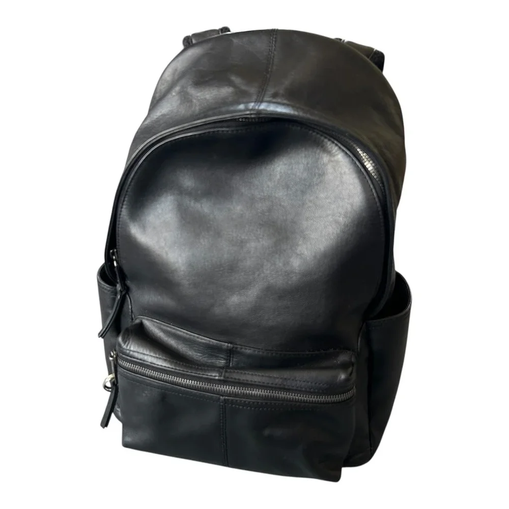 Massimo Dutti Backpack Mens Medium Black Leather Laptop Zip Pocket‎ Bag